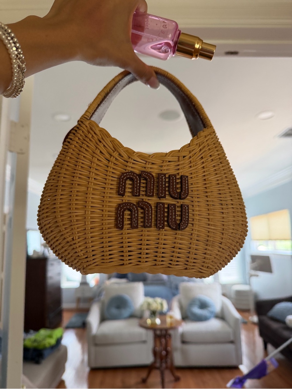 Miu Miu Natural Woven Straw Mini Top-Handle Bag with Brown Logo